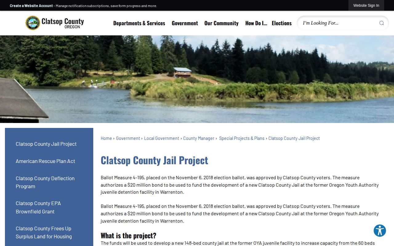 Clatsop County jail project page explaining the Warrenton facility conversion
