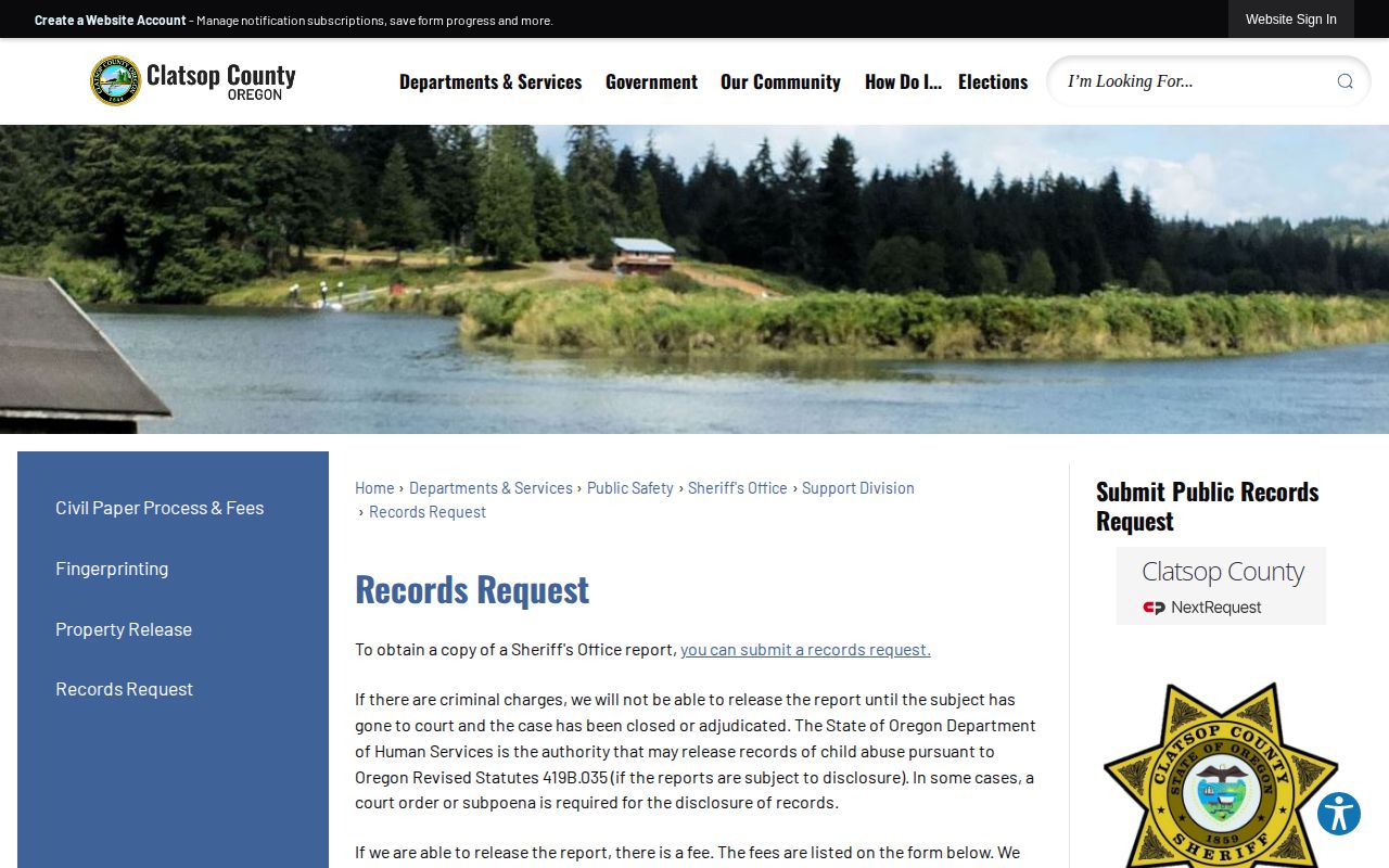 Clatsop County released inmate booking photo records request page